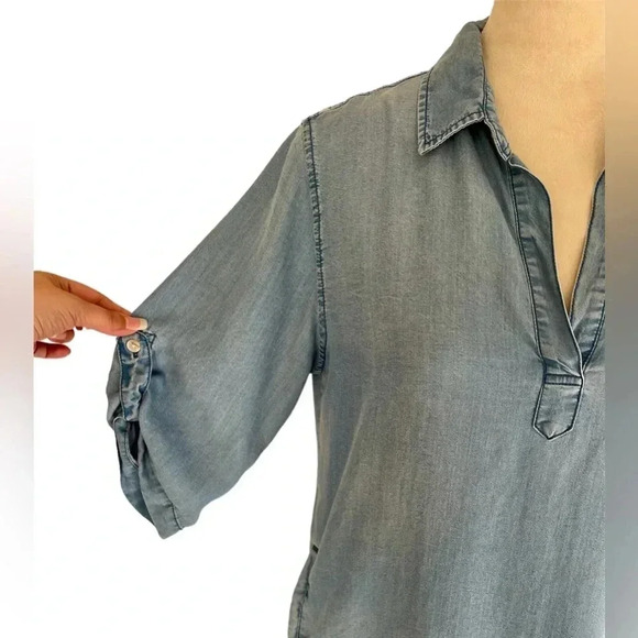Thread & Supply Medium 3/4 Sleeve Chambray Shirt Dress Tunic Denim Blue Pockets - Picture 6 of 8